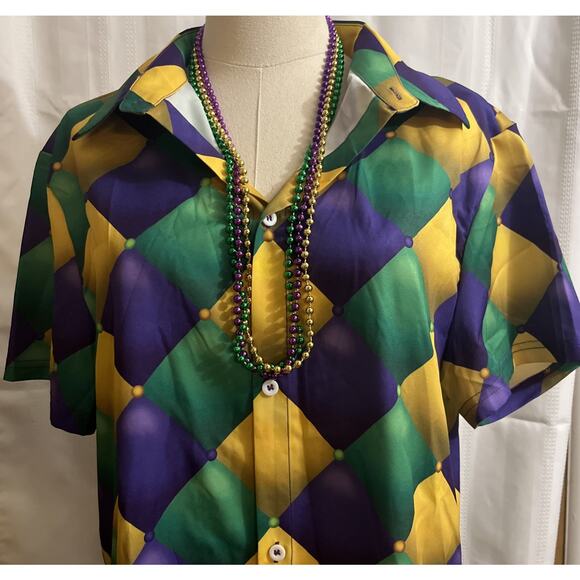 Mardi Gras Print Casual Button Down Short Sleeve Shirt New Orleans Small W/Beads - Picture 5 of 15